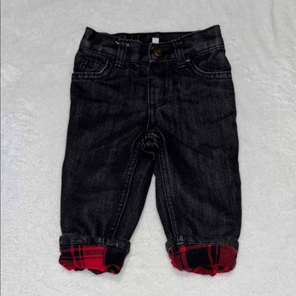 George Black Jeans with Red Plaid Cuffs